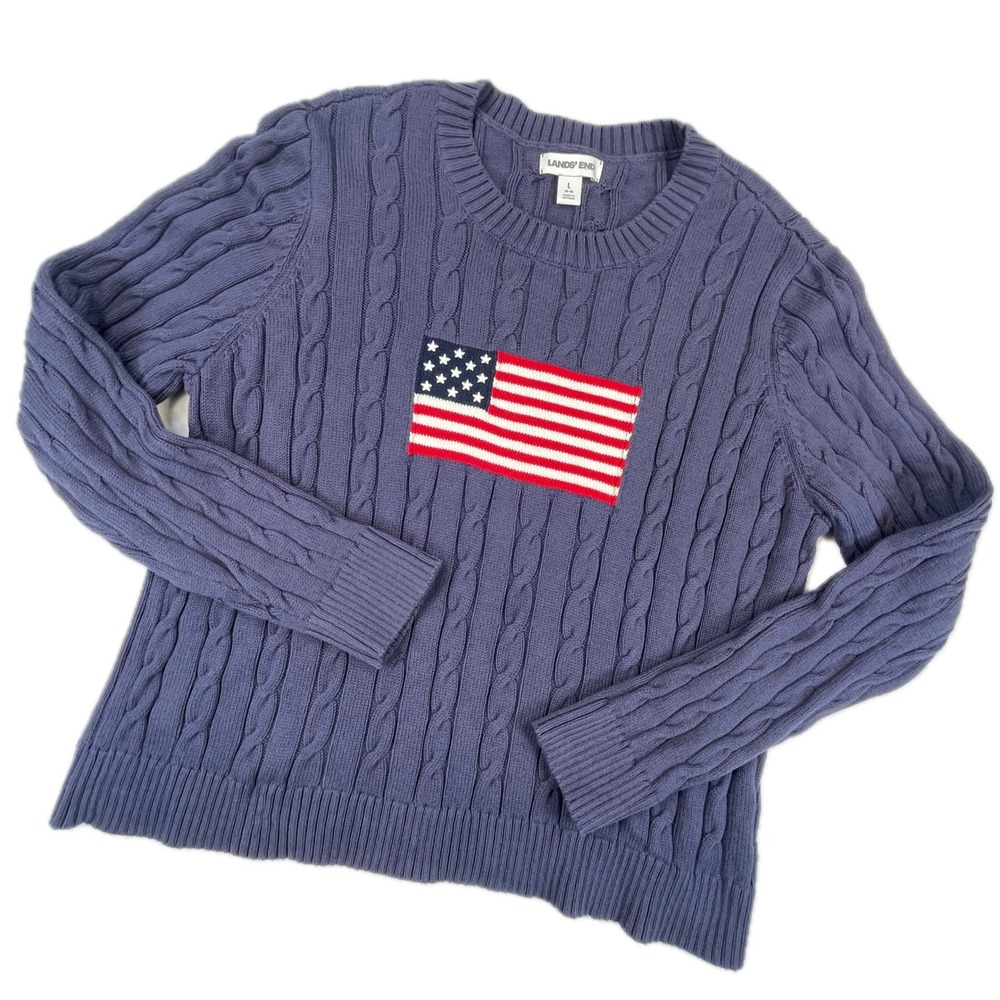 Lands' End Drifter American Flag Cable Knit Sweater L Blue Patriotic Crewneck
